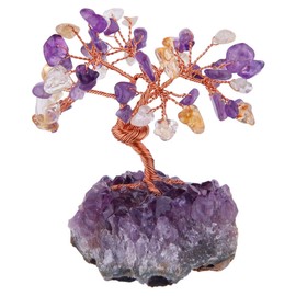 SUNYIK Citrine/Amethyst Crystal Money Tree on Amethyst Base, Handmade Tumble Chip Stone Bonsai Sculpture Figurine Decoration for Wealth and Luck Size 2.7-4.5 Inches