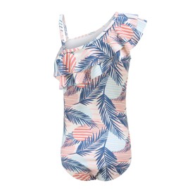 Moon Tree Big Girls One Piece Bathing Suit Hawaiian Ruffle Swimsuits One Shoulder Floral Swimwear for Kids Palm Leaf Size 12/10-12