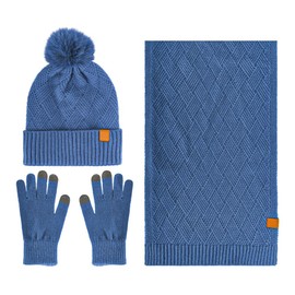 Tiardey Mütze, Schal, Handschuh-Set für Damen, Totenkopfmütze, langer Schal, heißer Touchscreen-Handschuh, 3-in-1, warmes Winter-Strick-Vintage-Mützen-Set für Damen und Herren (blau)