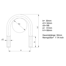 Design61 4 x U-bolts M8 x 68 mm x diameter 32 mm U-bolt threaded bracket galvanised U-bolt
