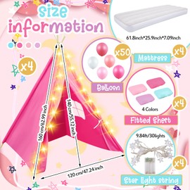 Lemosae 4 Set Kids Teepee Tent Bulk with Light String & Inflatable Airbed & Bedding Fitted Sheet, Natural Cotton Toddler Play Tent Washable Foldable Tent for Girls Boys Indoor Outdoor (Colorful)