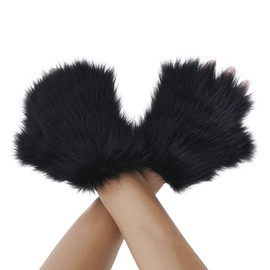 Women's Girls Fluffy Fingerless Mittens Cats Fox Paw Cosplay Gloves Winter Warm Gloves Fancy Party Dress Up Role Play Props, a