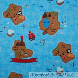 Clothworks, Designer BonEful Fabric FQ Cotton Quilt Blue Sea Skull PIRATE Ship Map Flag Boat Fish Boy