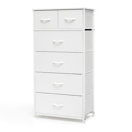 Vertical Dresser Storage Tower - Sturdy Steel Frame, Wood Top, Easy Pull Fabric Bins, Handles - Organizer Unit for Entryway, Closets - 6 Drawers, White