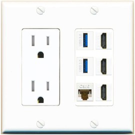 RiteAV 3 Port HDMI 2 Port USB 3.0 1 CAT6-RJ45 Wall Plate - Tamper-Resistant Outlet [White]