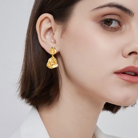 Gold Lrregular Geometric Earrings for Women 14k Gold Statement Dangle Earrings Hypoallergenic Big Gold Earrings Lightweight Hammered Drop Earrings Jewelry Gift for Women (StyleA)