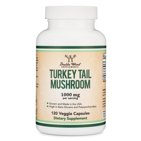 Turkey Tail Mushroom Supplement (120 Capsules - 2 Month Supply) (Coriolus Versicolor) Comprehensive Immune System Support, Non-GMO, Gluten Free, Grown and Manufactured in The USA by Double Wood