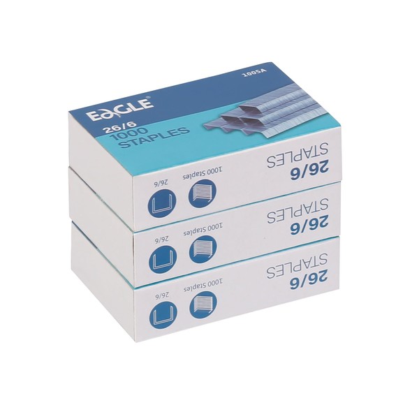 Eagle Staples, #26/6, Standard 1/4" Leg Length, 1000/box, 3-Pack, 3000pcs