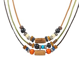 Boho Layered Wooden Beads Necklace Colorful Wooden Bead Braided Necklace for Men Women Adjustable Wooden Bead Pendant Necklace Jewelry