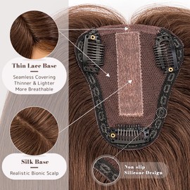 MY-LADY Hair Topper for Women Human Hair for Thinning Hair Loss 8 * 10CM Lace Silk Base Real Remy Hair No Bangs Clip in Hair Pieces Hand-Tied Hairpieces 12 Inch Medium Brown