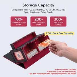Tolesum Double Layer Card Deck Box for MTG, Gathering Card Box with Shop Window and Cube Compartment, PU Leather, Strong Magnetic Trading Card Box, Compatible Magic Commander TCG Cards, Black, Red