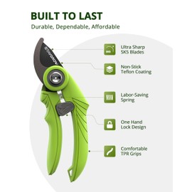 STAYGROW Garden Shears - 6.9" Pruning Shears for Gardening with SK5 Stainless Steel Sharp Blades, Tree Trimmer Garden Scissors with Comfort Handle and Safety Lock, Gardening Hand Tools - Green