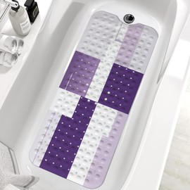 KINUUIS Purple Bath Tub Mat Non Slip, Modern Geometric Large Washable Shower Mats with Drain Holes and Suction Cups,40 X 16 Inch