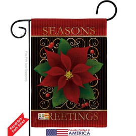 Seasons Greetings Poinsettia Burlap Garden Flag Set Mailbox Hanger Wintertime Winter Wonderland Snowflake Snowman Ice Skate Season Snow Small Gift Yard House Banner Double-Sided Made In USA 13 X 18.5