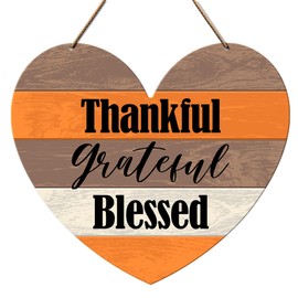 Thanksgiving Wall Door Sign Decor, Fall Thankful Decoration for Home Porch Front Door Farmhouse Living Room Office Autumn Thanksgiving Heart Wood Plaque Hanging Wall Decor Sign, Thankful Blessed