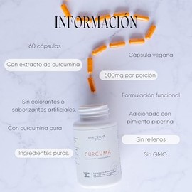 Cúrcuma 500mg con Pimienta Piperina (Alta concentración) | Suplemento | Curcumina | Mayor Absorción | 60 cápsulas | BARCENA HEALTH