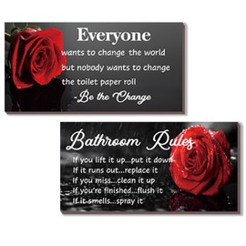 DONFENTHY 2Pcs Rustic Farmhouse Wooden Hanging Wall Art - 'Best Seat in The House' Red Rose Bathroom Rules Decor - Toilet Accessories (Red 12x6)