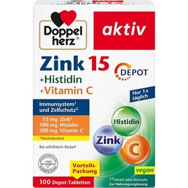 Doppelherz Zinc 15 + Histidine + Vitamin C -15 mg Zinc as a Contribution to the Normal Function of the Immune System and for the Maintenance of Normal Skin - 100 Vegan Depot Tablets