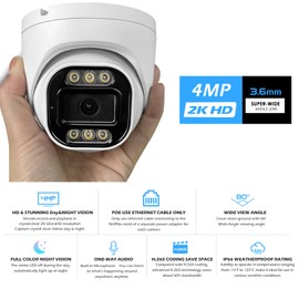 MWRCTV 4MP Security Audio Dome Camera Smart Dual Light PoE Turret AI Human Detection 3.6mm 85° Wide Angle Lens Color Night Vision Built-in Mic IP67 Waterproof Compatible with HK/DH NVR