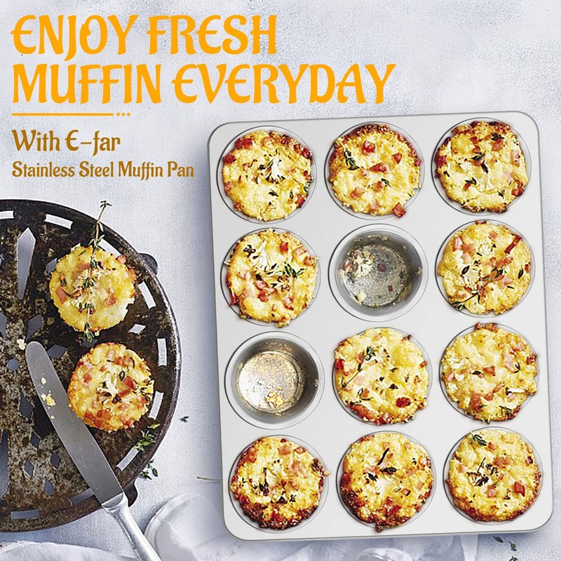E-far Muffin Pan 12-Cup, Stainless Steel Cupcake Pan Metal Muffin