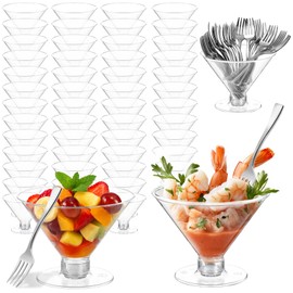 100 Pack Plastic Martini Glasses Disposable with Mini Silver Forks, 5oz Shrimp Cocktail Cups Clear Cocktail Glasses Disposable Martini Cups for Wedding Wine, Desserts and Appetizers(50 Cups+50 Forks)