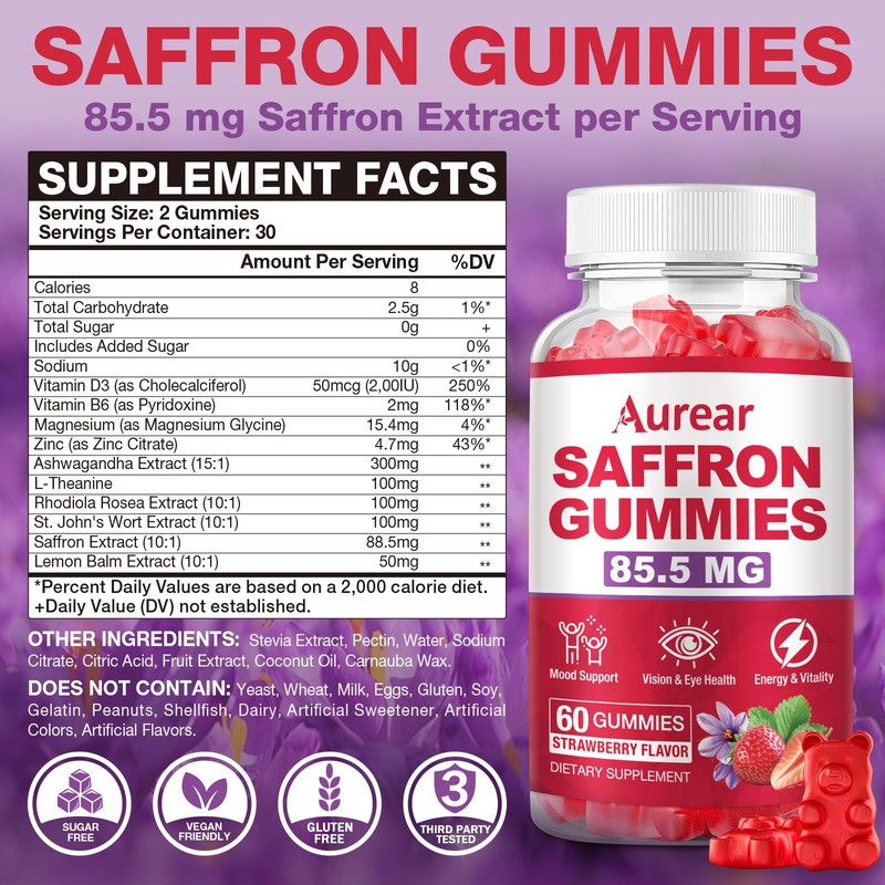 2 Pack Saffron Gummies, 10-in-1 Saffron Supplement, Strawberry Flavor