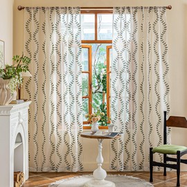 AmHoo 2 Panels Linen Leaf String Floral Embroidered Semi Sheer Curtain Farmhouse Voile Curtains for Living Room Bedroom Window Treatment Sage Green 52 x 63 Inch