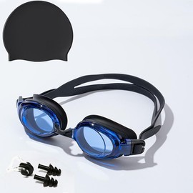 Swimming Goggles & Swimming Cap & Earplugs & Nose Clip Set, Adjustable Anti-fog Waterproof Swimming Goggles, Swimming Accessories for Training - Color: Blue And Black, Specification: 1 Set