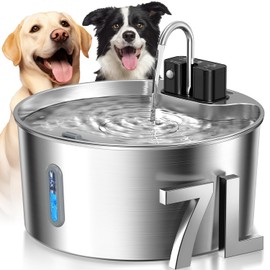 Voluas Dog Water Fountain: 1.8Gal/7L Wireless Stainless Steel Dog Fountain Bowl for Small to Large Dogs, Battery Operated Pet Water Dispenser Indoor with Ultra-Quiet Pump, Multi-Filtration, Easy Clean