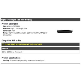 Marketplace Auto Parts Right Passenger Side Door Molding - Compatible with 2015-2018 Jeep Renegade