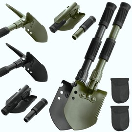2-Pack Black & Green Folding Camping Shovels, Carbon Steel Multi-Tool Survival Shovel for Outdoor, Emergency, Hiking, Car Off-Road