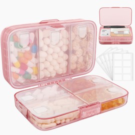 FYY Weekly Pill Organizer with Labels,8 Compartments Travel Daily Pill Case Airtight Moistureproof Large Pill Box to Hold Vitamins, Fish Oil, Supplements,Cotton Swab and Bandages Pink