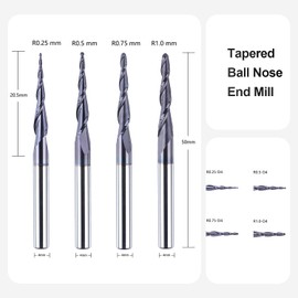 SpeTool Set of 4 2 Flute Ball End Mill with Conical Tip Milling Cutter CNC R0.25 mm - 1.0 mm Engraving Cutter 4 mm Shank Solid Carbide Milling Cutter for Router with TiAlN Coating End Mill for 2D and