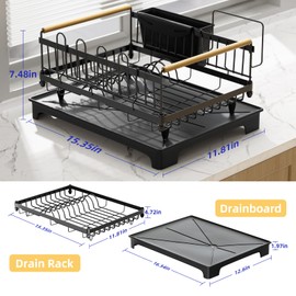 Vathingood Dish Drying Rack, Drying Rack with Automatic Drainboard, Dish Racks for Kitchen Counter, Rustproof Dish Drainer with Removable Utensil Holder, Cups Holder,Black