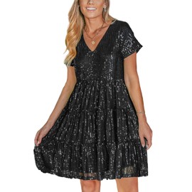 CUPSHE Women's Sequin Dress Elegant Sparkly V Neck Short Sleeve Glitter Mini Dresses Black, S
