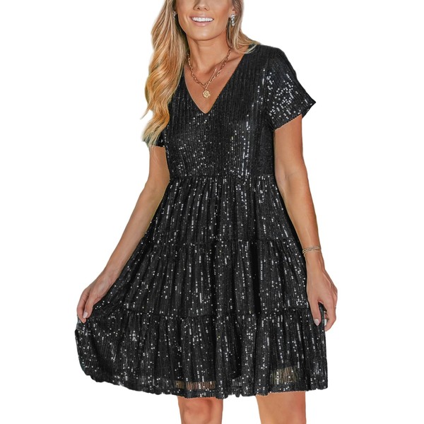 CUPSHE Women's Sequin Dress Elegant Sparkly V Neck Short Sleeve