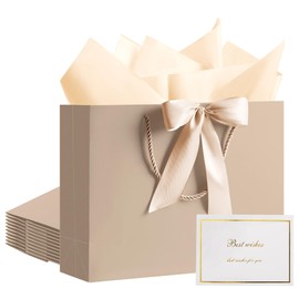 PASEOTA 12.6" Gift Bags Bulk, 10 Pcs Gift Bags with 20 Tissue Paper 10 Greeting Cards, Party Favor Gift Bags for Presents, Luxury Bag with Handles for Wedding Bridal Birthday Valentines (Champagne)