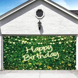 Green Leaves Happy Birthday Garage Door Cover Banner Decorations Backdrop 7x16ft Large Green Grass Wall Jungle Safari Garage Door Backdrop Decorations Outdoor Birthday Party Garage Door Banner Props