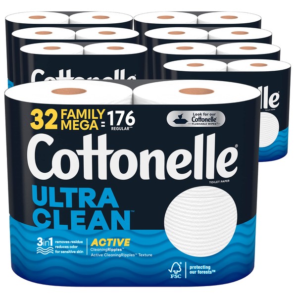 Cottonelle Ultra Clean Toilet Paper with Active CleaningRipples Texture, 32 Family Mega Rolls (32 Family Mega Rolls = 176 Regular Rolls) (8 Packs of 4), 388 Sheets per Roll, Packaging May Vary