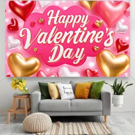BlissYard Happy Valentine's Day Backdrop Banner 71 x 43 Inch Pink Heart Valentine's Day Background Banner Valentines Day Party Decorations Supplies Valentines Party Photo Booth Prop