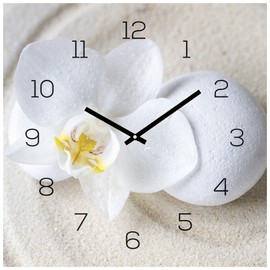 levandeo Wall Clock Glass 30 x 30 cm Glass Picture Orchid White Sand Stone Wellness Wall Decoration Kitchen Clock