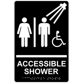 ComplianceSigns.com Accessible Shower Sign, ADA-Compliant Braille and Raised Letters, 9x6 inch White on Black Acrylic with Adhesive Mounting Strips