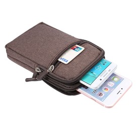 DFV mobile - Universal Multi-Functional Vertical Stripes Pouch Bag Case Zipper Closing Carabiner for Jinga Hit 4G (2019) - Brown (17 x 10.5 cm)