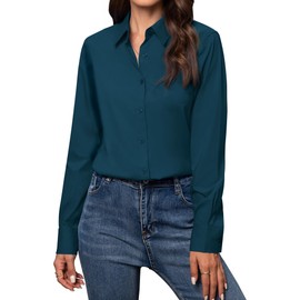 Gleeivy Button Down Shirts for Women Long Sleeve Dress Shirts Classic Fit Solid Cotton Women Dress Shirts Work Office Peacock Blue 4XL