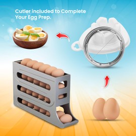 ZAYLAN Egg Holder for Fridge – 4-Tier Auto Rolling Egg Dispenser Tray for 24 Eggs, Space-Saving Organizer for Refrigerator, Kitchen & Countertop with Flower Egg Cutter (GRAY)