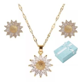 TENDER LIHOME Juego Collar Y Aretes De Girasol Diamantado Cadena Oro 18k