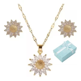 TENDER LIHOME Juego Collar Y Aretes De Girasol Diamantado Cadena Oro 18k