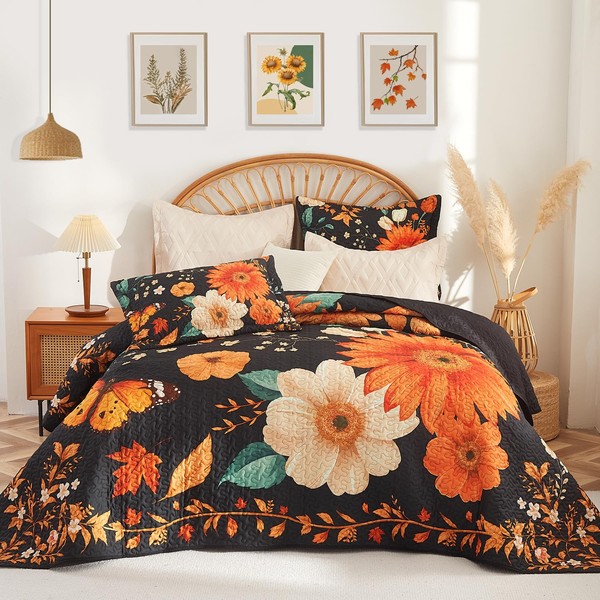 EVENHUG Floral Quilts Set Queen Size Black Sunflower Bedding Set