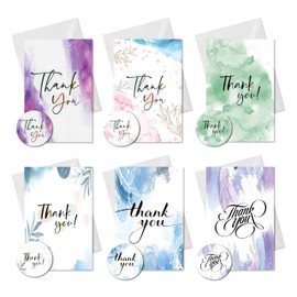 SIMPLY GIFTED Thank You Cards Floral Multipack of 24 with Envelopes & Matching Thank You Stickers-6 Leaf Designs 10x15cm Blank Inside No-Smudge-Thankyou Cards for Teachers Weddings Kids-Made in UK