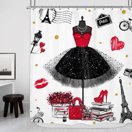 Riyidecor Fashion Dress Shower Curtain 60Wx72H Inch Red Black Women Girly Skirt Perfume Bottles Paris Tower Modern Beautiful Bathroom Decor Fabric Polyester Waterproof 12 Pack Hooks